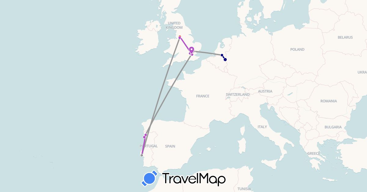 TravelMap itinerary: driving, plane, train, hiking in United Kingdom, Netherlands, Portugal (Europe)
